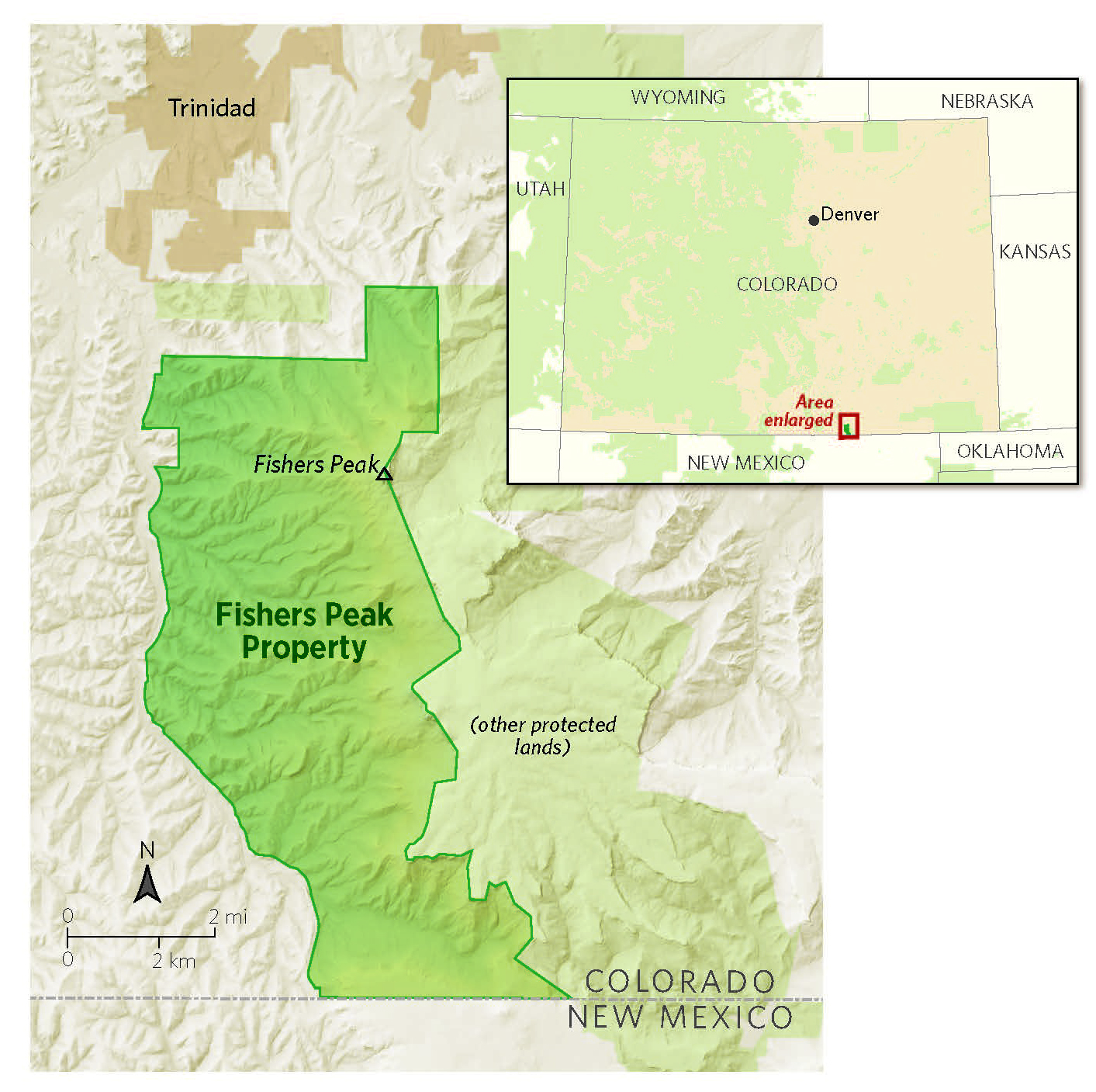 Map of Colorado showing Fishers Peak in the southeast corner of the state
